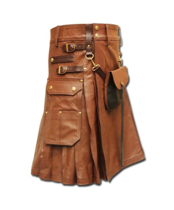 Celtic Leather Kilt with Leather Sporran-light brown 2