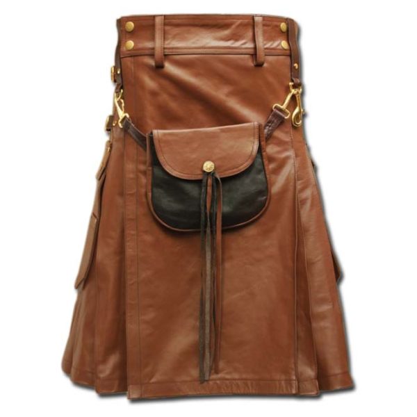 Celtic Leather Kilt with Leather Sporran-light brown