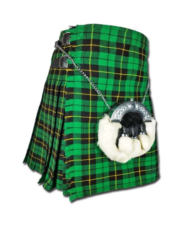 Wallace Hunting Tartan Kilt Embrace the striking difference between a vivid green and a stark black. Appreciate the contrast and relish in the exciting, invigorating green found in the Wallace Hunting Tartan Kilt. This incredible kilt is hand made out of acrylic wool that keeps the warmth in when it is cold outside while also remaining breathable in warmer weather. Green and black make up the main components of this tartan, but slender yellow lines serve to outline the patterning and provide a nice dash of sunny color. Ready to wear any sort of accessories like a sporran, the Wallace Hunting Tartan Kilt features buckles that resist rust so that you can wear it in any weather. An adjustable leather strap also comes included to ensure your comfort.