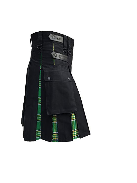 Mens Hybrid Leather Straps Black Cotton Irish (Pride Of Scotland) Utility Kilt