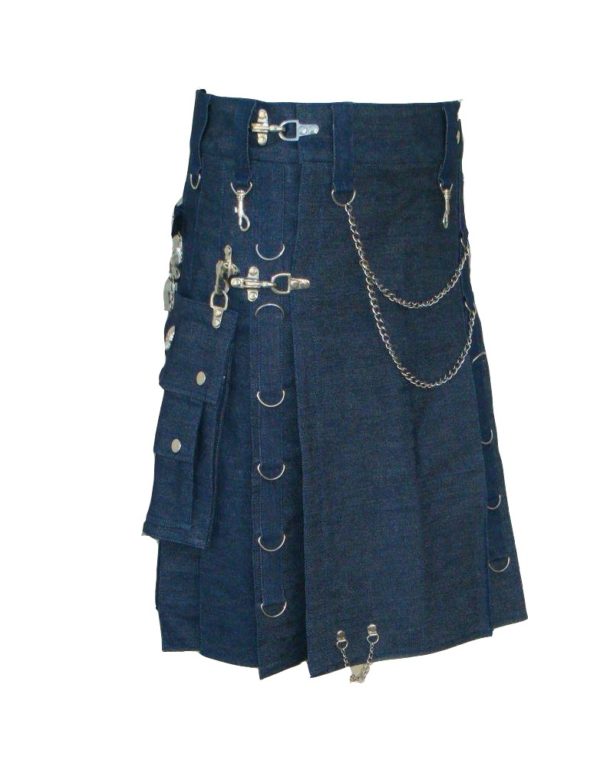 Modern Gothic Style Blue Denim Utility Detatchable Pocket New Kilts With Chains