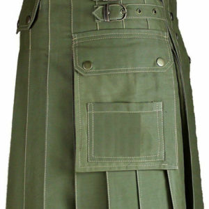 New Mens Olive Green Utility Wedding Kilt Made in 100% Cotton Brass Button
