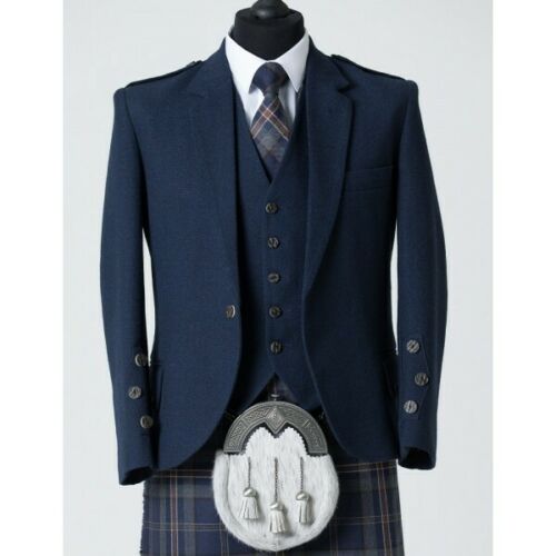 Men’s Blue Tweed Scottish Kilt Jacket with Waistcoat