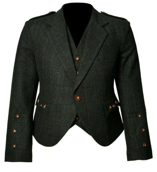 Trendy Scottish Tweed Argyle Kilt Jacket With Waistcoat Vest