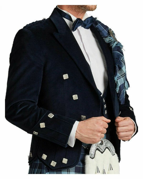 Dark Blue Velvet Scottish Regulation Doublet Kilt Jacket With Vest