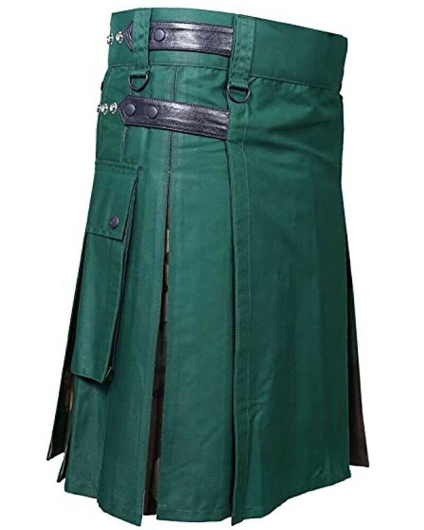Scottish Men Leather Strap 100% Cotton Hybrid Kilt Green and Camo