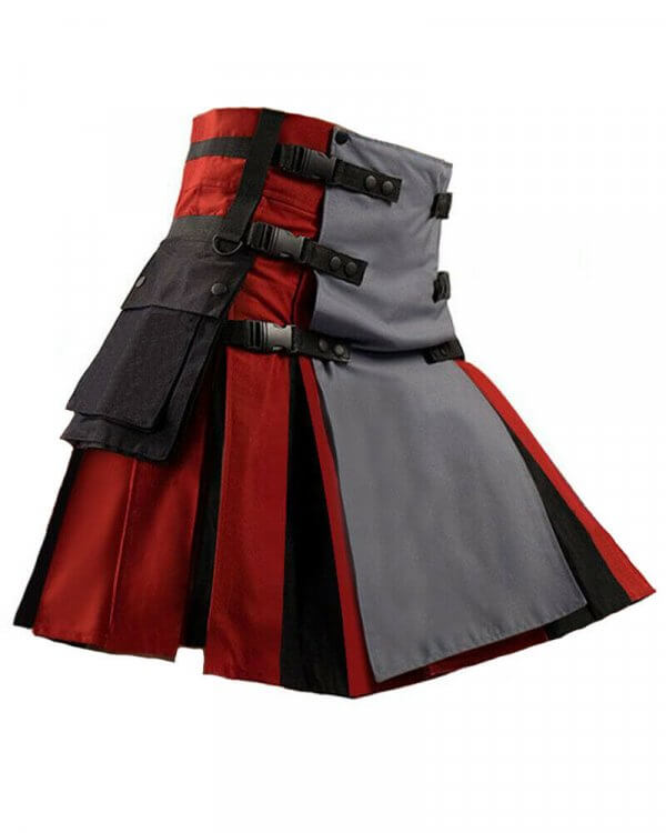 Scottish Utility Fashion Hybrid Kilt For Men Red-Grey Color With Black Pleats