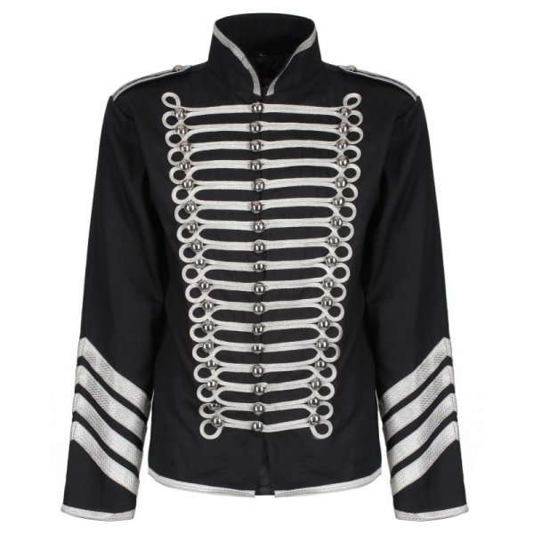 Black Silver Hussar Parade Gothic Jacket Military Drummer Steampunk Military drummer steampunk Jacket with Silver trim and braid on front