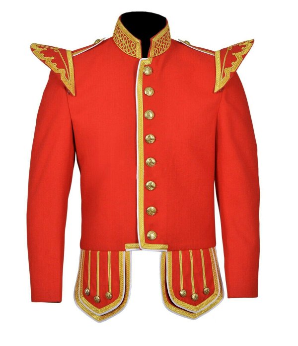 100% Wool Blend Gold Braid Trim Red Military Doublet Pipe Band Jacket