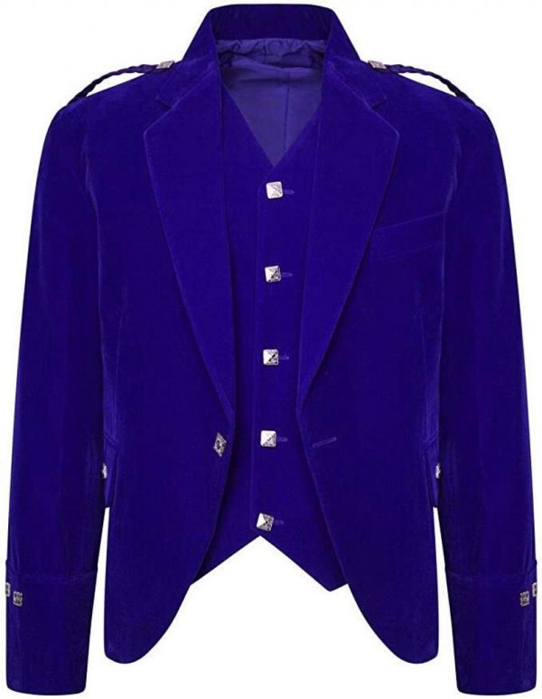 Men’s Blue Color Velvet Scottish Highland Argyle Kilt Jacket & Waistcoat
