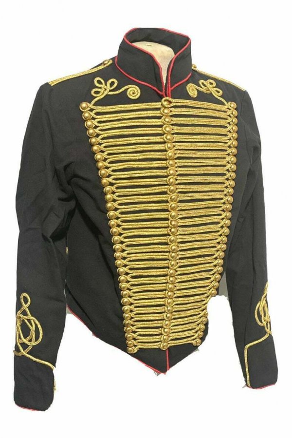 Men Ceremonial Hussar Black Military Jacket, Gold Braiding