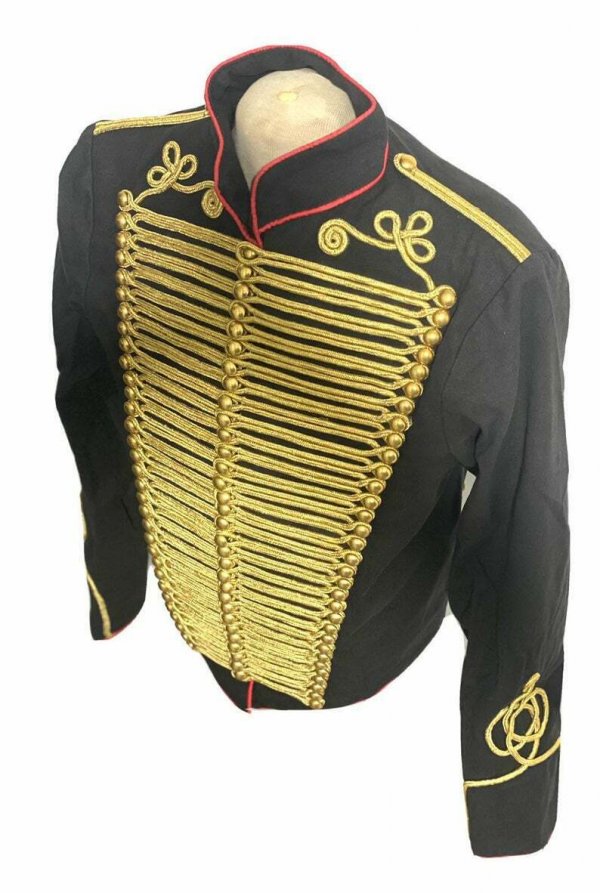 Men Ceremonial Hussar Black Military Jacket, Gold Braiding