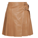 Camel Leather Pleated Buckle Kilt Skirt