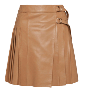 Camel Leather Pleated Buckle Kilt Skirt