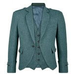 Scottish Highland Men's Green Tweed Argyle Kilt Jacket with 5 Buttons Vest