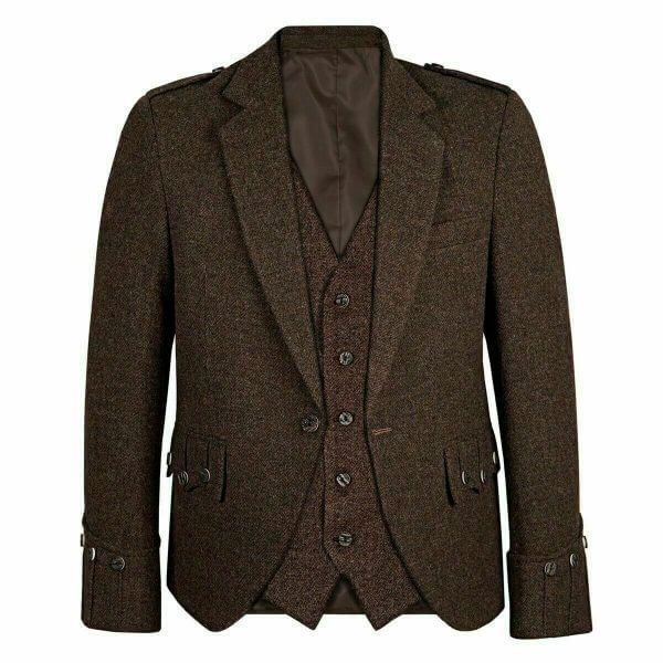 Men’s Scottish Brown Tweed Kilt Jacket With Waistcoat Wedding Argyle Kilt Jacket