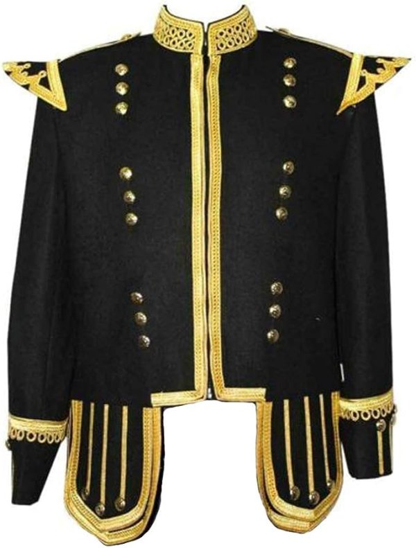 100% Wool Blend Military Piper Drummer Doublet Highland Jacket Black