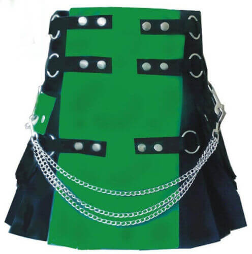 MEN COTTON KILT-Famous Black-N-Irish Green–Cargo Pockets-Adorn with Chain Set