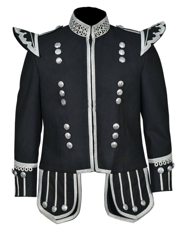 100% Wool New Scottish Black Military Piper Drummer Doublet Tunic Jacket