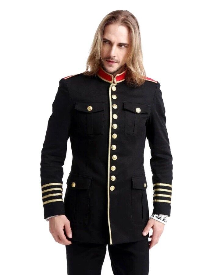 Men's Black Wool Gothic Military Uniform Officer Hussar Commander Jacket