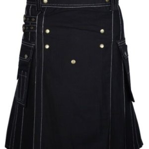 Men’s Fashion Cotton Black Utility Kilt with Bespoke Stitching