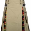 Men’s High Quality Hybrid Kilt- Khaki Cotton and Buchanan Tartan