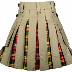 Men’s High Quality Hybrid Kilt- Khaki Cotton and Buchanan Tartan