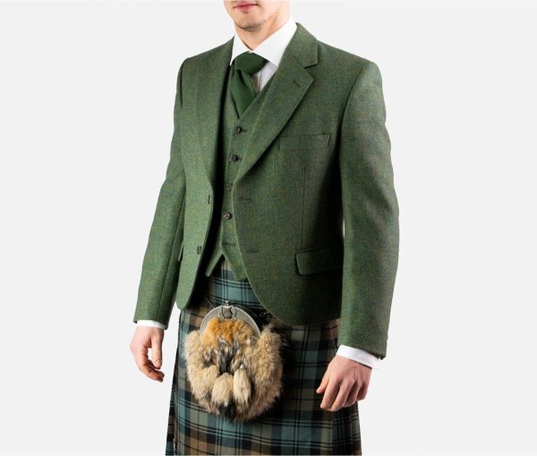 Men's Scottish Lovat Green Wool Argyle Kilt Jacket With Waistcoat Wedding Jacket