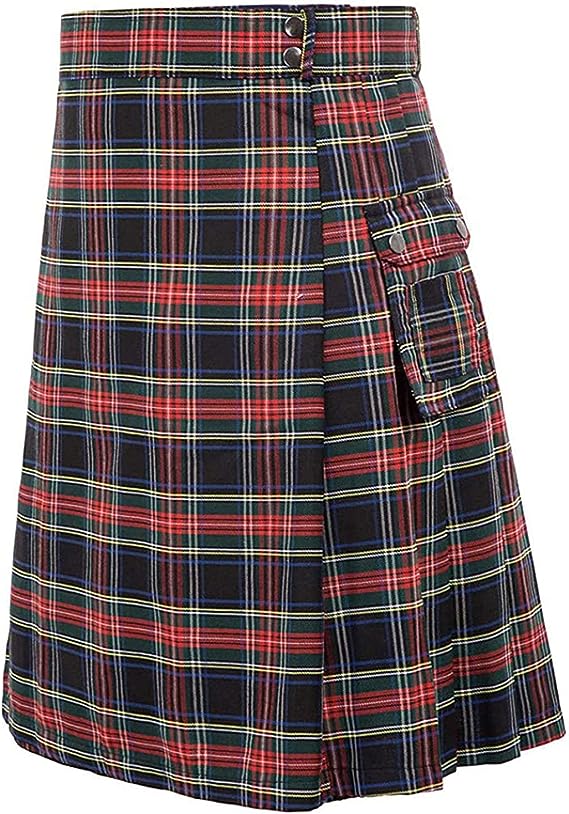 Scottish Style Plaid Contrast Color Pocket Pleated Skirt Kilt for Men Irish Traditional