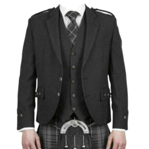 Scottish Argyle Kilt Jacket with Vest Charcoal Grey Wool Men Wedding Jacket UK