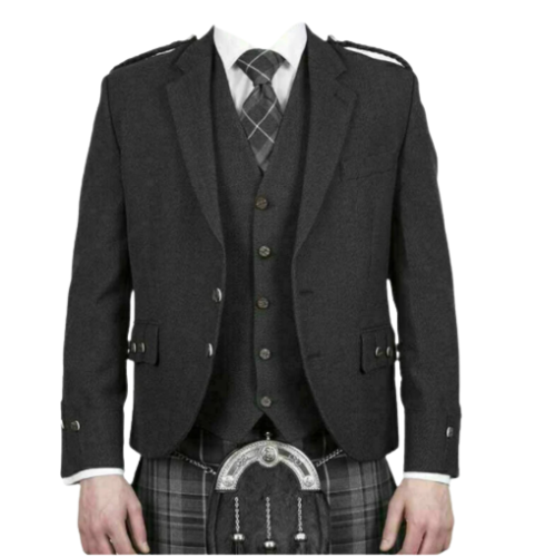 Scottish Argyle Kilt Jacket with Vest Charcoal Grey Wool Men Wedding Jacket UK