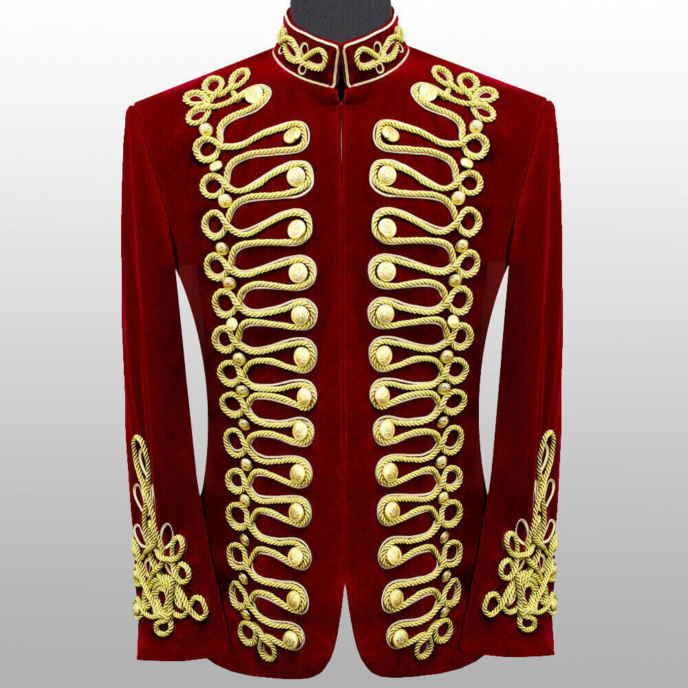 Men Braided Red Velvet Jacket Military Gold Braided Jacket Hussar Velvet Jacket