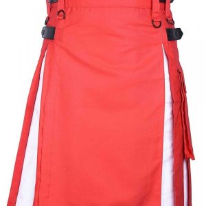 Scottish Fashion Utility Hybrid Kilts For Men Red Kilt White Pleats
