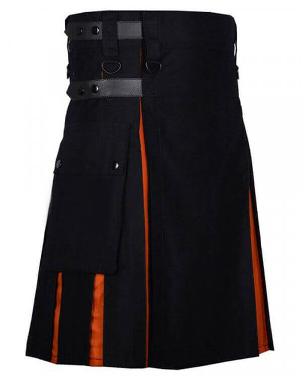 Scottish Men 100% Cotton Fashion Black and Orange Hybrid Kilt Men