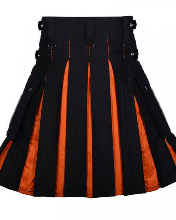 Scottish Men 100% Cotton Fashion Black and Orange Hybrid Kilt Men