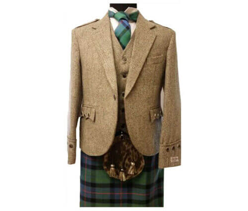 Scottish Men’s Khaki Argyle Kilt Jacket & Vest 100%Tweed Wool Wedding Kilt Jacket