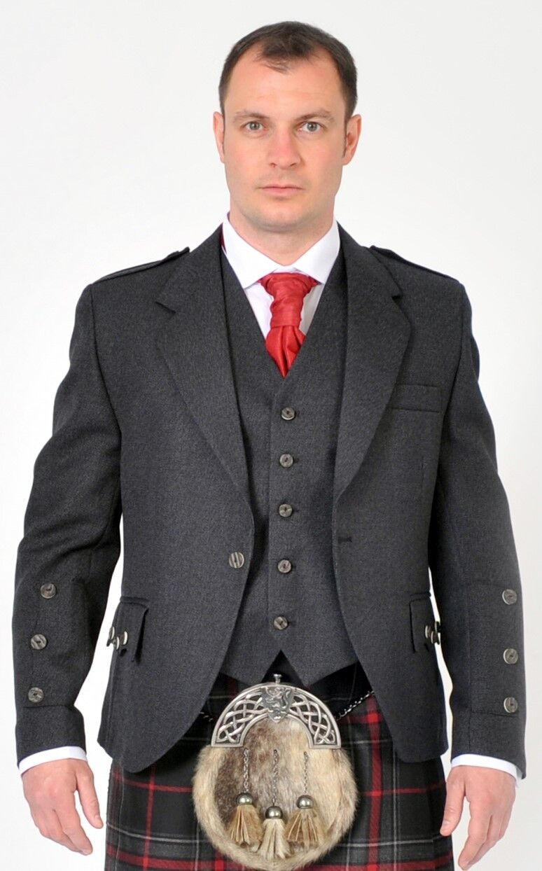 Dark Grey Arrochar Tweed Crail Kilt Jacket & Vest Scotland