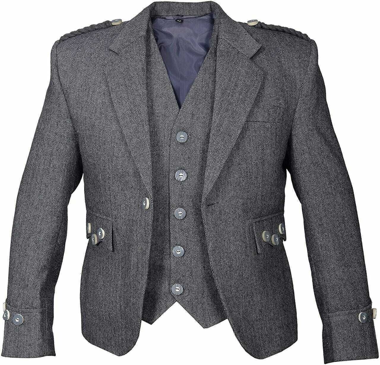 Tweed Crail Highland Kilt Jacket and Waistcoat Grey Scottish Wedding Dress
