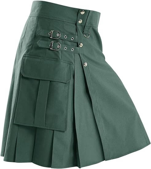 Men’s Green Utility Kilt Scottish Traditional Highland Solid Pleated Costume with Cargo Pockets