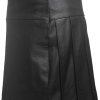 Mens Black Leather Pleated LARP Utility Kilt Flat Front Pocket Wrap Style