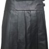 Mens Black Leather Pleated LARP Utility Kilt Flat Front Pocket Wrap Style