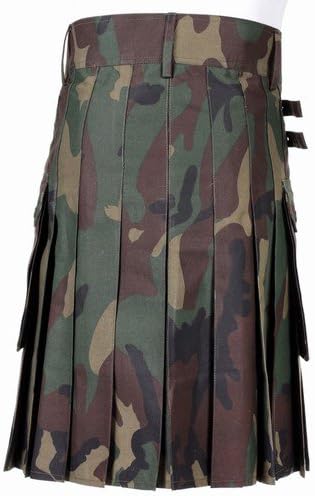 Men's Camo Utility Combat Kilt Punk Goth Style with Pockets - Adjustable Strap, Pleated Kilt