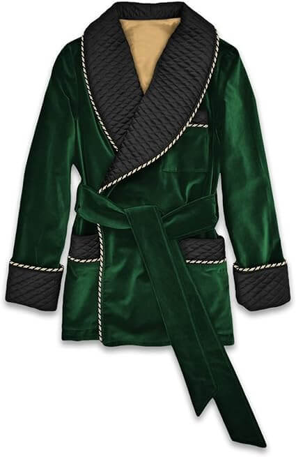 Dark Green Velvet Smoking Jacket With Quilted Silk Shawl Collar