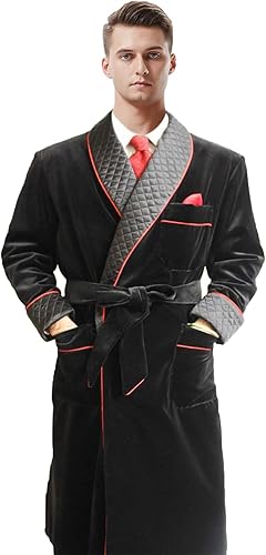 Men’s Long Velvet Smoking Jacket with Belt Shawl Lapel Smoking Robe Quilted Dressing Gown